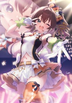 1girl ;d absurdres ahoge arm_up armpits asymmetrical_legwear bare_shoulders black_thighhighs blue_eyes boots bow bow_skirt breasts brown_hair cat_hair_ornament clothing_cutout commentary_request cowboy_shot curio_(curiofinity) earpiece gloves glowstick hair_between_eyes hair_ornament highres hololive hololive_idol_uniform_(origin) idol idol_clothes knee_boots layered_skirt long_hair looking_at_viewer mismatched_legwear monitor natsuiro_matsuri navel navel_cutout official_alternate_costume one_eye_closed open_mouth orange_thighhighs ribbon shirt side_ponytail sidelocks signature skindentation skirt sleeveless sleeveless_shirt small_breasts smile solo stage stage_lights standing teeth thighhighs upper_teeth_only v v_over_eye virtual_youtuber white_boots white_bow white_gloves white_shirt white_skirt wrist_cuffs