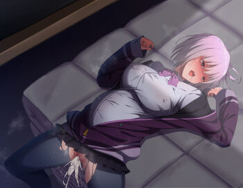 1girl after_rape after_vaginal aftersex black_skirt blush breasts cum cumdrip gridman_universe jacket kawaruhi large_breasts open_mouth pantyhose pink_hair pleated_skirt purple_jacket red_eyes shinjou_akane shirt short_hair skirt solo ssss.gridman tongue tongue_out torn_clothes torn_pantyhose white_shirt