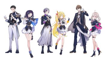 Rule 34 | 3boys, 3girls, :d, ahoge, aiba uiha, aiguillette, ankle boots, asymmetrical footwear, black hair, black vest, blonde hair, blue boots, blue bow, blue cape, blue eyes, blue gloves, blue jacket, blue pants, blue shirt, blue shoes, blue skirt, blush, boots, bow, bracelet, braid, braided bangs, brown eyes, brown hair, cape, closed mouth, clothing cutout, colored shoe soles, cropped jacket, epaulettes, fur bracelet, fuwa minato, gloves, gold trim, grey cape, grey hair, grey vest, hair bow, hair ornament, half gloves, halter shirt, halterneck, hand on own hip, hand up, hands up, heart, heart hands, high heel boots, high heels, hoshikawa sara, idol clothes, jacket, jewelry, kagami hayato, knees together feet apart, layered shirt, layered skirt, long hair, long sleeves, looking at viewer, medium hair, midriff peek, miniskirt, mismatched footwear, multicolored hair, multiple boys, multiple girls, multiple hair bows, multiple thigh straps, nijisanji, nijisanji idol uniform, official art, one eye closed, open mouth, orange bow, pants, pink cape, pink eyes, pink hair, purple eyes, purple hair, red bow, second-party source, shirt, shoes, short hair, shoulder cutout, side cape, side ponytail, simple background, single epaulette, skirt, sleeve cuffs, sleeveless, sleeveless shirt, smile, standing, standing on one leg, streaked hair, sukoya kana, suou (sdurorhr), tassel, thigh strap, transparent background, twintails, two-sided cape, two-sided fabric, uiro (aiba uiha), very long hair, very short hair, vest, virtual youtuber, white bow, white gloves, white overskirt, white pants, white shirt, white skirt, x hair ornament, yashiro kizuku, yellow eyes