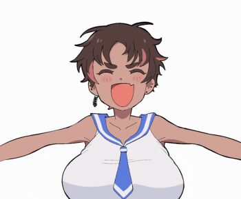 1girl :d animated animated_gif armpits ascot blush bon_(vtuber) bouncing_breasts breasts brown_hair closed_eyes dark_skin ear_piercing earrings fang happy huge_breasts indie_virtual_youtuber jewelry large_breasts multicolored_hair open_mouth pants piercing pink_hair sailor_collar sailor_shirt shirt short_hair short_sleeves simple_background skin_fang smile solo tight_clothes tight_pants tomboy two-tone_hair viri_morelia_(artist) virtual_youtuber white_background