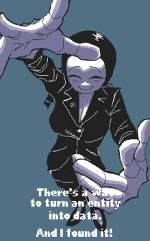 1girl artist_name black_hair blue_background blush breasts buttons closed_eyes closed_mouth drill_hair drill_ponytail faceless female female_focus formal_clothes fourth_wall greyscale grin imscared jacket lapels monochrome restorer_(imscared) slip-on_shoes smile suit suit_jacket text_focus text_print tobby