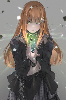 1girl black_jacket blunt_bangs chain commentary cowboy_shot gakuen_idolmaster green_eyes green_nails grey_background grey_skirt grn_kk highres holding_own_wrist idolmaster jacket jewelry light_particles long_hair long_sidelocks looking_at_viewer necklace orange_hair parted_lips pearl_necklace shiun_sumika sidelocks skirt solo sparkle sweater turtleneck turtleneck_sweater
