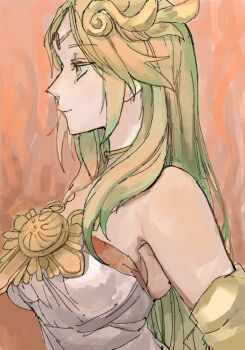 Rule 34 | 1girl, armlet, breasts, circlet, commentary request, green eyes, green hair, highres, jewelry, kid icarus, kid icarus uprising, mono (monomono1998), nintendo, orange background, palutena, pendant, profile, solo, upper body
