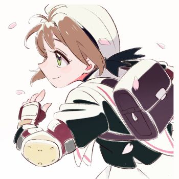 1girl backpack bag black_jacket brown_hair cardcaptor_sakura elbow_pads falling_petals green_eyes hat highres jacket kinomoto_sakura petals school_uniform short_hair simple_background skirt smile solo tomoeda_elementary_school_uniform white_background white_hat white_skirt yukiguni_(ykgn)