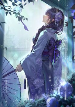 1girl absurdres alternate_costume braid closed_mouth flower from_side genshin_impact hair_flower hair_ornament highres hydrangea japanese_clothes kimono long_hair looking_up low-braided_long_hair low-tied_long_hair oil-paper_umbrella outdoors purple_eyes purple_flower purple_hair purple_kimono purple_sash purple_umbrella raiden_shogun rain revision sash sidelocks solo standing textless_version umbrella very_long_hair yolanda