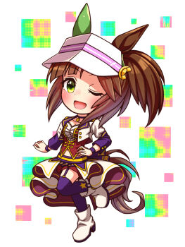 1girl animal_ears blush bodice boots breasts brown_hair chibi chibi_only choker cleavage collarbone commentary_request corset cropped_jacket ear_covers ears_through_headwear freckles full_body garter_straps green_eyes hair_through_headwear hat highres horse_ears horse_girl horse_tail ines_fujin_(umamusume) jacket large_breasts long_hair long_sleeves looking_at_viewer midriff_peek navel one_eye_closed open_mouth overskirt pendant_choker purple_choker purple_garter_straps purple_thighhighs red_corset red_shorts shirt shorts side_ponytail single_ear_cover smile solo star_(symbol) starting_future_(umamusume) sugimotty_nova tail thighhighs umamusume visor_cap white_boots white_jacket white_shirt wristband