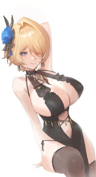Rule 34 | 0bsessi0n, 1girl, ;q, arm up, bare shoulders, belly chain, black dress, black panties, black thighhighs, blonde hair, blue eyes, blue flower, blue rose, blush, breasts, cleavage, closed mouth, clothing cutout, collarbone, commentary, dress, earrings, evening gown, flower, girls' frontline, girls' frontline 2: exilium, hair between eyes, hair flower, hair intakes, hair ornament, highres, jewelry, large breasts, looking at viewer, mole, mole on breast, mole under eye, navel, navel cutout, nikketa (girls' frontline 2), official alternate costume, one eye closed, panties, pelvic curtain, rose, short hair, side-tie panties, sidelocks, simple background, sitting, skindentation, sleeveless, sleeveless dress, smile, solo, thighhighs, tongue, tongue out, underwear, vsk-94 (girls' frontline), vsk-94 (night on the silver bay) (girls' frontline), white background