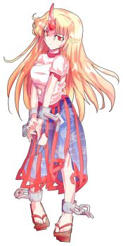 1girl alcohol alphes_(style) blonde_hair breasts chain commentary_request cuffs cup dairi defeat full_body geta highres horns hoshiguma_yuugi large_variant_set leaf_print long_hair long_skirt medium_breasts panties parody parted_bangs print_skirt puffy_short_sleeves puffy_sleeves sake see-through_clothes shackles shirt short_sleeves single_horn skirt solo standing style_parody tachi-e torn_clothes touhou transparent_background underwear variant_set white_shirt