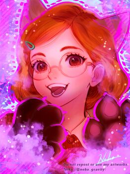 1girl absurdres animal_hands brown_eyes cat_paws disney glasses hair_ornament happy highres long_hair looking_at_viewer meilin_lee nyamunekonabe open_clothes pixar red_hair red_shirt shirt smile solo turning_red upper_body