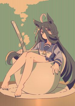 :/ ahoge animal_ears barefoot black_hair black_nails blunt_ends bow bowtie closed_mouth commentary_request cup dot_mouth ear_ornament ear_tag earrings hair_between_eyes honkawa_works horse_ears horse_girl horse_tail in_container in_cup jewelry knees_up long_hair long_hair_between_eyes looking_at_viewer manhattan_cafe_(umamusume) multicolored_hair nail_polish oversized_object plate purple_sailor_collar purple_shirt sailor_collar school_uniform shirt single_earring spoon steam steaming_cup tail tracen_school_uniform umamusume very_long_hair white_bow white_bowtie white_hair yellow_eyes