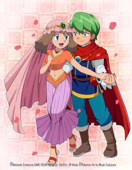 1boy 1girl absurdres artist_name blue_eyes blue_pants boots brown_boots brown_hair cape dancing drew_(pokemon) green_eyes green_hair highres holding_hands jewelry looking_at_another may_(contest)_(pokemon) may_(pokemon) miyuki_tsukiyono necklace nintendo open_mouth pants petals pink_background pink_skirt pokemon pokemon_(anime) pokemon_rse_(anime) princess_outfit red_cape sandals simple_background skirt smile tiara veil