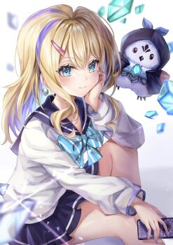 1girl 1other akami770 arm_support bare_legs bird blonde_hair blue_eyes blue_skirt blush bow bowtie breasts cardigan creature digifriend earrings grey_cardigan gyaru hair_between_eyes hair_ornament hairclip highres holding holding_phone jewelry long_hair looking_at_viewer mascot miniskirt multicolored_hair nail_polish no_sclera parted_bangs pearl_earrings penguin phone pleated_skirt purple_hair purple_nails shadowverse shadowverse_(animated_series) shadowverse_flame simple_background sitting skirt smile streaked_hair takanashi_tsubasa_(shadowverse_flame) white_background wingy_(shadowverse_flame)