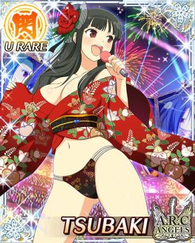 1girl :o audience black_hair black_panties border breasts card_(medium) character_name cleavage english_text floral_print floral_print_kimono floral_print_panties flower game_cg gluteal_fold hair_ornament hime_cut japanese_clothes kimono large_breasts long_hair looking_back low_neckline microphone music navel official_alternate_costume official_art panties print_kimono print_panties red_eyes red_flower red_kimono sakyou_(senran_kagura) senran_kagura senran_kagura_new_wave singing skindentation solo string_panties tachibana_(senran_kagura) tsubaki_(senran_kagura) underwear