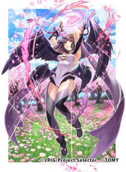 1girl black_eyes black_gloves black_hair black_shoes chachie cherry_blossoms closed_mouth copyright_notice demon_girl demon_horns demon_wings gloves grass horns leotard looking_at_viewer low_wings multiple_wings official_art outdoors shoes solo tree white_background white_leotard wings wixoss yuki_(wixoss)