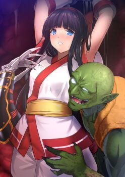 1boy 1girl ainu_clothes armpits arms_up bdsm black_hair blue_eyes blush bondage bound breasts claw_(weapon) clenched_teeth defeat evil_smile gen-an hair_ribbon legs long_hair molestation nakoruru pants ribbon samurai_spirits small_breasts smile snk sweat teeth thighs torn_clothes weapon
