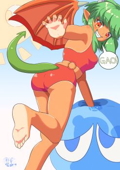1girl barefoot claw_pose draco_centauros dragon_girl dragon_horns dragon_tail dragon_wings gao green_hair green_tail highres himeko_nodanuki horns long_sidelocks looking_at_viewer looking_back medium_hair o-ring o-ring_swimsuit one-piece_swimsuit pointy_ears puyo_(puyopuyo) puyopuyo puyopuyo_sun red_eyes red_one-piece_swimsuit red_wings sharp_teeth sidelocks sky smile soles solo sound_effects speech_bubble sun swimsuit tail tan teeth translation_request watermark wings