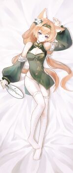 Rule 34 | 1girl, absurdres, alternate costume, animal ear fluff, animal ears, arm up, bare shoulders, bed sheet, black hairband, blue archive, blue eyes, blush, breasts, bright pupils, cat ears, china dress, chinese clothes, chinese commentary, cleavage, cleavage cutout, closed mouth, clothing cutout, commentary request, cross, cross earrings, dakimakura (medium), detached sleeves, dress, earrings, flower, frilled thighhighs, frills, full body, green dress, green sleeves, groin, hair flower, hair intakes, hair ornament, hair ribbon, hairband, hanchansiqingyun, hand fan, head tilt, highres, holding, holding fan, jewelry, lace, lace thighhighs, long hair, long sleeves, looking at viewer, low twintails, lying, making-of available, mari (blue archive), no halo, no shoes, on back, orange hair, painttool sai (medium), panties, pelvic curtain, puffy long sleeves, puffy sleeves, ribbon, side slit, sleeve ribbon, sleeveless, sleeveless dress, small breasts, smile, solo, sweatdrop, thighhighs, twintails, underwear, very long hair, white flower, white panties, white ribbon, white thighhighs