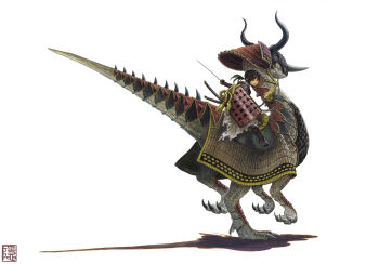 1girl animal armor black_hair boots clothed_animal dinosaur final_fantasy japanese_armor low_ponytail original ponytail samurai samurai_(final_fantasy) shield shoulder_armor sode white_background yk_funa