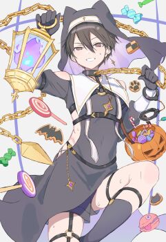 1boy @_@ absurdres alternate_costume black_dress black_gloves black_hair black_shorts black_socks brown_eyes candy chain clothing_cutout commentary cookie crossdressing crossdressing_(mtf) dress earrings food gloves hair_between_eyes halloween halloween_bucket halloween_costume highres holding holding_lantern jewelry kirito kneehighs lantern lollipop long_sleeves macaron male_focus necklace nun o-ring ogura_ari shorts shoulder_cutout side_cutout single_earring socks solo sweat swirl_lollipop sword_art_online symbol-only_commentary trap weapon