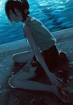 1girl black_hair black_shorts bleeding blood blood_on_feet blood_on_leg blush chainsaw_man closed_mouth cuts glass_shards green_eyes grey_shirt hair_between_eyes hair_bun highres injury kanopikami pool reze_(chainsaw_man) shirt shirt_tucked_in shorts sleeveless sleeveless_shirt solo