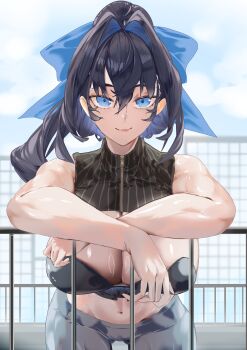 1girl absurdres adapted_costume against_railing black_hair blue_eyes blue_hair blue_ribbon breasts cleavage closed_mouth cloud cloudy_sky daaku_(koizumi_arata) day gradient_hair grey_pants hair_intakes hair_ribbon highres hololive hololive_english huge_breasts multicolored_hair navel ouro_kronii ouro_kronii_(1st_costume) outdoors pants railing ribbon sky smile solo virtual_youtuber
