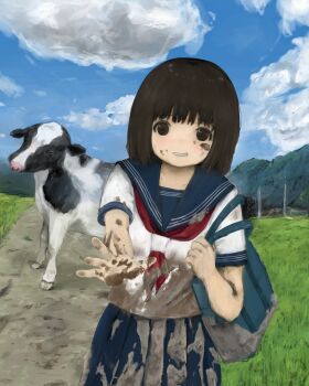 1girl absurdres animal bag black_eyes black_hair blue_sailor_collar blue_skirt cloud cow dirty dirty_clothes grin highres looking_at_viewer mud neckerchief original outdoors outstretched_arm reaching reaching_towards_viewer red_neckerchief sailor_collar school_uniform serafuku shirt short_sleeves skirt sky smile white_shirt yaezome