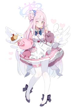 Rule 34 | 1girl, absurdres, alternate costume, apron, black bow, black shoes, blue archive, blue bow, blue bowtie, blue hair, bow, bowtie, brooch, cake, character name, cherry, closed mouth, commentary request, crescent, dress, enmaided, feathered wings, flower, food, footwear bow, frilled thigh strap, fruit, full body, gradient hair, hair bun, hair flower, hair ornament, halo, heart, high heels, highres, holding, holding plate, holding spoon, jewelry, long hair, long sleeves, looking at viewer, low wings, maid, maid apron, mika (blue archive), multicolored hair, one eye closed, pantyhose, pigeon-toed, pink bow, pink dress, pink hair, pink halo, plate, pouch, puffy long sleeves, puffy sleeves, purple flower, shoes, simple background, single side bun, smile, solo, spoon, swiss roll, thigh strap, very long hair, white apron, white background, white pantyhose, white wings, wing ornament, wings, yellow eyes, zhang xiaozhai