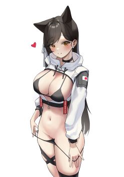1girl absurdres animal_ears atago_(azur_lane) atago_(space_atago)_(greyeth)_(azur_lane) azur_lane bikini bikini_pull black_bikini black_choker black_hair breasts choker cleavage closed_mouth clothes_pull commentary commission cowboy_shot cropped_jacket dong_ji extra_ears framed_breasts heart highres jacket large_breasts long_hair long_sleeves looking_at_viewer navel orange_eyes pulling_own_clothes pussy second-party_source simple_background skindentation smile solo stomach string_bikini swimsuit thigh_strap thighs uncensored unzipped very_long_hair white_background white_jacket