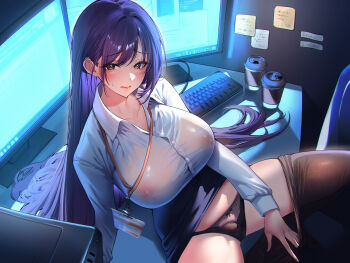 absurdres black_panties black_pantyhose black_skirt blush breasts closed_mouth clothes_lift clothes_pull collared_shirt computer_keyboard cup disposable_cup dress_shirt highres indoors lanyard large_breasts long_hair long_sleeves looking_at_viewer monitor nipples no_bra original panties pantyhose pantyhose_pull pencil_skirt purple_eyes purple_hair see-through_clothes see-through_shirt shirt sidelocks sino42 sitting skirt skirt_lift spread_legs sticky_note taut_clothes taut_shirt underwear very_long_hair white_shirt