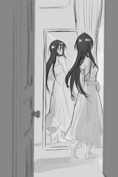 Rule 34 | 1girl, almightybuttcheeks, barefoot, bleach, bleach: epilogue, blurry, blurry foreground, breasts, commentary, curtains, dress, english commentary, hair between eyes, highres, kuchiki rukia, long dress, long hair, medium breasts, mirror, open door, sketch, solo, very long hair