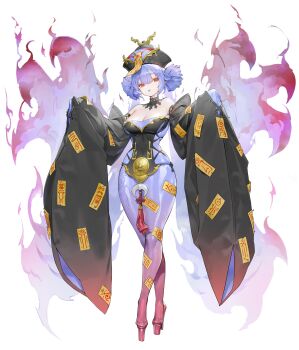 1girl absurdres bare_shoulders breasts chinese_clothes cleavage double_bun full_body hair_bun hat highres jiangshi jung_wonjo long_sleeves looking_at_viewer ofuda original purple_hair red_eyes sleeves_past_fingers sleeves_past_wrists solo standing thighs tongue tongue_out white_background wide_hips wide_sleeves