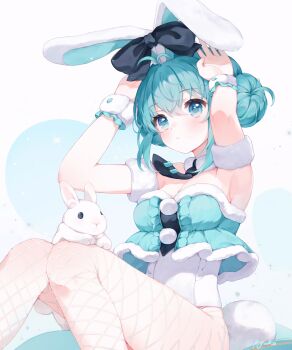 Rule 34 | 1girl, animal on leg, antenna hair, aqua eyes, aqua hair, aqua shirt, armpits, arms up, black bow, black necktie, bow, breasts, center frills, closed mouth, crop top, double bun, ear bow, eggplant (dadamiao), feet out of frame, fishnet pantyhose, fishnets, frills, from side, fur armlet, fur collar, fur trim, fur wrist cuffs, hair between eyes, hair bun, hatsune miku, knees together feet apart, knees up, large breasts, leotard, light blush, looking ahead, necktie, pantyhose, pom pom (clothes), rabbit, rabbit ears, rabbit pose, rabbit tail, shirt, short hair, short necktie, sidelocks, sitting, solo, strapless, strapless leotard, vocaloid, white background, white leotard, white pantyhose, wrist cuffs