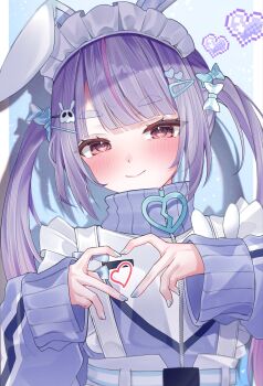 1girl 5uma1 absurdres animal_ears blue_nails blush bow closed_mouth commentary_request four-finger_heart_hands hair_bow hair_ornament hairclip heart heart_hair_ornament heart_hands highres jacket jersey_maid looking_at_viewer maid maid_headdress multicolored_hair pink_eyes pink_hair purple_hair rabbit_ears solo streaked_hair thick_eyebrows tosaki_mimi tosaki_mimi_(4th_costume) track_jacket two-tone_hair unconventional_maid virtual_youtuber vspo!
