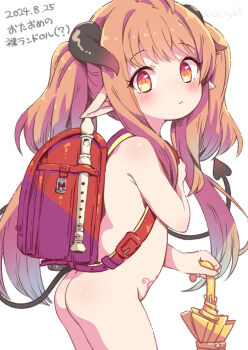 1girl ass backpack bag black_horns black_tail blush brown_eyes brown_hair closed_mouth cowboy_shot dated demon_girl demon_tail flute from_side hand_up highres holding holding_strap holding_umbrella horns instrument leaning_forward loli long_hair long_sidelocks looking_to_the_side naked_randoseru nude okura-chan_(at_nya5) pointy_ears pubic_tattoo quad_tails randoseru sidelocks simple_background solo standing tail tail_raised tattoo umbrella very_long_hair white_background