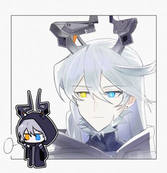 Rule 34 | 1girl, absurdres, black coat, black horns, chibi, chinese commentary, close-up, closed mouth, coat, commentary request, ear piercing, expressionless, fur collar, fur trim, grey background, grey hair, hair between eyes, hendiurendelaodong, heterochromia, highres, hood, hood down, hood up, horns, long hair, long horns, long sleeves, looking to the side, no mouth, piercing, solo, star-shaped pupils, star (symbol), sunbringer (zenless zone zero), symbol-shaped pupils, upper body, wide sleeves, zenless zone zero