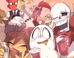 alphys androgynous bad_id bad_pixiv_id bird blue_skin blush bow bowtie brown_hair closed_eyes colored_skin cup drooling duck eyepatch fins fire frisk_(undertale) g_perarikku ghost glasses gloves grillby grin head_fins hood hoodie long_sleeves milk_carton monster_girl multiple_boys multiple_girls napstablook one_eye_closed open_mouth papyrus_(undertale) ponytail red_hair sans_(undertale) sharp_teeth shirt skeleton sleeping smile striped_clothes striped_shirt sweatdrop tank_top teeth undertale undyne utdr_(toby_fox) yellow_skin zzz