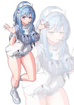 Rule 34 | 1girl, ammunition pouch, animal ear headphones, animal ears, blue eyes, blue hair, blue neckerchief, breasts, collared shirt, commentary request, covered navel, dress, fake animal ears, goddess of victory: nikke, hair between eyes, headphones, headset, highres, hisousakuya, laces, light smile, long hair, looking at viewer, microphone, military operator, neckerchief, open mouth, pouch, shifty (nikke), shirt, shoes, short sleeves, simple background, sneakers, socks, solo, two side up, white background, white dress, white socks, white wrist cuffs, wrist cuffs
