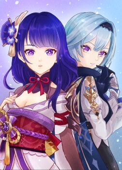 2girls absurdres asymmetrical_sleeves behind_another blue_eyes blue_hair blue_pupils blunt_bangs breasts bridal_gauntlets cleavage closed_mouth clothing_cutout collared_shirt commentary_request couple dated_commentary eula_(genshin_impact) fan_hair_ornament flower flower_ornament friends genshin_impact gloves gradient_background gradient_hair hair_between_eyes headband highres japanese_clothes kimono large_breasts leaning_back leaning_on_person light_smile long_sleeves looking_at_viewer looking_to_the_side mitsudomoe_(shape) multicolored_eyes multicolored_hair multiple_girls neck_ribbon no_mole off_shoulder parted_lips pink_lips puffy_long_sleeves puffy_sleeves purple_eyes purple_flower purple_hair purple_kimono purple_nails raiden_shogun red_ribbon red_sash ribbon sash shiratama_(srtmsgw) shirt short_hair shoulder_cutout snow snowing standing streaked_hair tomoe_(symbol) uneven_sleeves upper_body white_gloves yuri