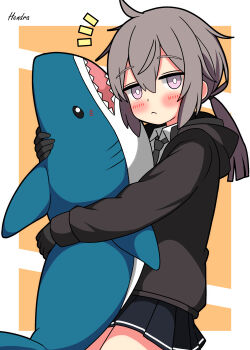 1girl absurdres artist_name black_gloves black_jacket black_necktie black_skirt blush closed_mouth collared_shirt commentary girls'_frontline gloves grey_hair hendra highres hugging_object jacket long_sleeves looking_at_viewer m200_(girls'_frontline) miniskirt necktie notice_lines orange_background purple_eyes shirt signature simple_background skirt solo stuffed_animal stuffed_shark stuffed_toy twintails white_shirt