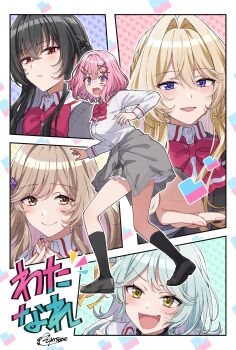 Rule 34 | 5girls, @ @, absurdres, amaori renako, artist name, ashigaya high school uniform, black hair, blonde hair, blue eyes, blue hair, bow, bowtie, braid, brown eyes, brown hair, cardigan, cardigan around waist, clothes around waist, colorful background, commentary request, fang, grey cardigan, hair ornament, hairclip, half up braid, highres, interlocked fingers, koto satsuki, koyanagi kaho, multiple girls, nervous, ouzuka mai, own hands together, paneled background, parallel hairclips, pink hair, purple eyes, red bow, red eyes, school uniform, sena ajisai, skin fang, smile, somechime (sometime1209), translation request, watashi ga koibito ni nareru wake naijan murimuri!, yellow eyes