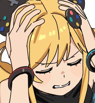 1girl blonde_hair closed_eyes controller game_controller hands_on_own_face highres imamura_ryou virtual_youtuber white_background