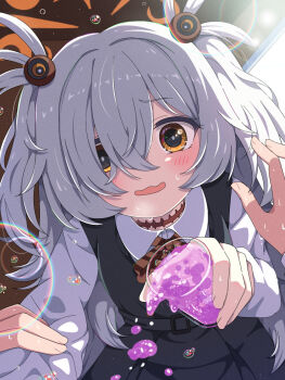 1boy 1girl black_dress black_eyes blue_archive blush bright_pupils brown_choker brown_eyes brown_halo choker collared_shirt crying cup diagonal-striped_ribbon dress fingernails girl_on_top hair_between_eyes hair_bobbles hair_intakes hair_ornament halo highres holding holding_another&#039;s_arm holding_cup kanoe_(blue_archive) liquid long_hair long_sleeves mikoshi_(user_wvyd4348) multicolored_eyes pinafore_dress pov shirt short_twintails sleeveless sleeveless_dress solo spilling twintails two-tone_eyes water_drop wavy_mouth white_sleeves