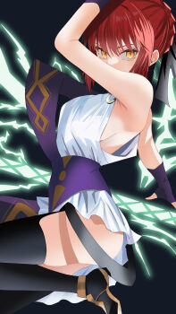 1girl absurdres ancient_greek_clothes armpits bare_shoulders black_ribbon black_thighhighs blue_gloves braid breasts commentary_request fate/strange_fake fate_(series) fingerless_gloves gloves goddess_of_war_(fate) greco-roman_clothes hair_ribbon highres hippolyta_(fate) kirameki_(rikukaikuu) looking_at_viewer red_hair ribbon short_hair sideboob solo standing standing_on_one_leg thighhighs yellow_eyes