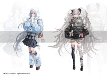 2girls alternate_costume asymmetrical_legwear backpack bag boots bow chungla full_body fur-trimmed_boots fur_trim hair_between_eyes hair_bow highres jewelry kuro_games liv:_limpidity_(pgr) liv_(pgr) long_hair looking_at_viewer luna:_oblivion_(pgr) luna_(pgr) multiple_girls official_art plaid_clothes plaid_skirt pleated_skirt punishing:_gray_raven purple_eyes red_eyes ring scarf simple_background skirt smile snowflake_print stuffed_animal stuffed_sheep stuffed_toy sweater thighhighs twintails very_long_hair white_background white_hair winter_clothes