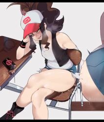 1girl after_anal anal anal_object_insertion animated animated_gif anus_cutout artist_logo ass ass_cutout bare_shoulders baseball_cap based_(meme) bent_over black_boots black_footwear black_vest blush boots breasts breath brown_eyes brown_hair chair cleavage clothing_cutout commentary crossed_legs cutout_clothes denim denim_shorts desk dildo dildo_reveal dildo_riding drooling elbow_pads english_commentary english_text female_focus female_masturbation fluid gaping gaping_anus hat heavy_breathing high_ponytail hilda_(pokemon) horse_dildo huge_ass huge_dildo imjustthatkinky large_insertion legs legs_together logo long_hair looking_at_viewer looking_to_the_side looking_up lotion_bottle lube lube_bottle macstarva masturbation medium_breasts meme motion_lines multiple_views naughty_face nervous_smile nintendo nyantcha object_insertion open_clothes open_mouth open_shorts open_vest parted_lips pocket pokemon pokemon_bw ponytail public_indecency saliva saliva_trail school_chair school_desk seductive_gaze seductive_smile sex_toy shirt shoes short_shorts shorts sidelocks simple_background sitting sitting_on_dildo sitting_on_object sleeveless sleeveless_shirt smile solo solo_focus sound speech_bubble stealth_masturbation sweat sweatdrop teeth thick_thighs thighs torn_clothes very_long_hair vest video white_background white_shirt wide_hips wristband