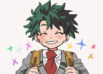 1boy backpack bag boku_no_hero_academia closed_eyes collared_shirt facial_scar freckles green_hair grey_jacket jacket light_blush male_focus midoriya_izuku necktie nununanu parted_lips red_necktie scar scar_on_cheek scar_on_face shirt short_hair smile solo teeth upper_body white_shirt