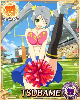 1girl :d american_football_goalpost audience bikini bikini_top_only black_thighhighs blue_skirt border breasts breasts_squeezed_together card_(medium) character_name cheerleader cleavage confetti crowd game_cg grass green_eyes grey_hair hair_ornament hairclip high_kick holding holding_pom_poms kicking large_breasts long_hair looking_at_viewer midriff official_art one_eye_closed open_mouth pink_bikini pom_pom_(cheerleading) pom_poms senran_kagura senran_kagura_new_wave skirt smile solo stadium standing standing_on_one_leg star_(symbol) star_hair_ornament swept_bangs swimsuit thighhighs third-party_source tsubame_(senran_kagura) twintails very_long_hair
