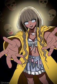 1girl backlighting bead_necklace beads bikini blue_eyes blunt_bangs blush breasts commentary_request cowboy_shot danganronpa_(series) danganronpa_v3:_killing_harmony dark-skinned_female dark_background dark_skin eyelashes ganguro gyaru highres jewelry long_hair long_sleeves looking_at_viewer low_twintails medium_breasts mirufinyanya navel_piercing necklace open_mouth outstretched_arms paintbrush piercing raincoat reaching reaching_towards_viewer shell shell_necklace skirt skull smile solo standing swimsuit twintails twitter_username white_hair yellow_raincoat yonaga_angie