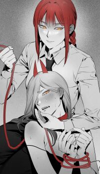 2girls absurdres braid chainsaw_man collar collared_shirt commentary_request greyscale haih864851 hand_on_another&#039;s_face highres holding holding_leash horns korean_commentary leash long_hair makima_(chainsaw_man) monochrome multiple_girls necktie power_(chainsaw_man) red_hair ringed_eyes sharp_teeth shirt single_braid smile spot_color sweat tears teeth yellow_eyes yuri