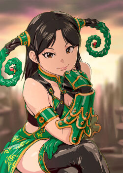 1girl armlet black_hair black_thighhighs breasts cleavage commentary_request crossed_legs dress gauntlets green_dress highres jewelry juuken_sentai_gekiranger long_hair looking_at_viewer mele sitting solo super_sentai thighhighs ueyama_michirou